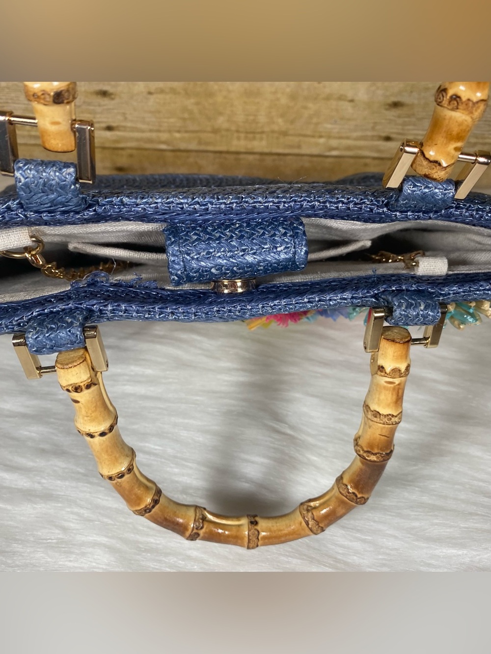 Haute Hippie Blue Straw Tote with Multicolor Floral Appliqués and Bamboo Handles - Picture 7 of 11